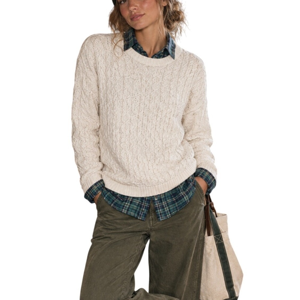 Fisherman Cabincore Light Academia Cable Knit Crewneck White Sweatshirt